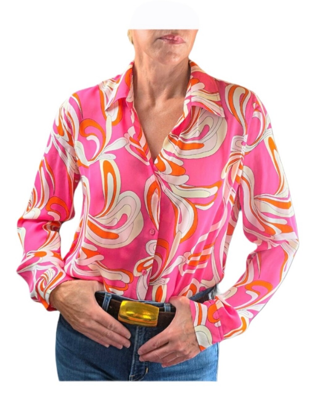 L'AGENCE Nina Long Sleeve Blouse In Orange & Rose Abstract Swirl - Picture 4 of 13